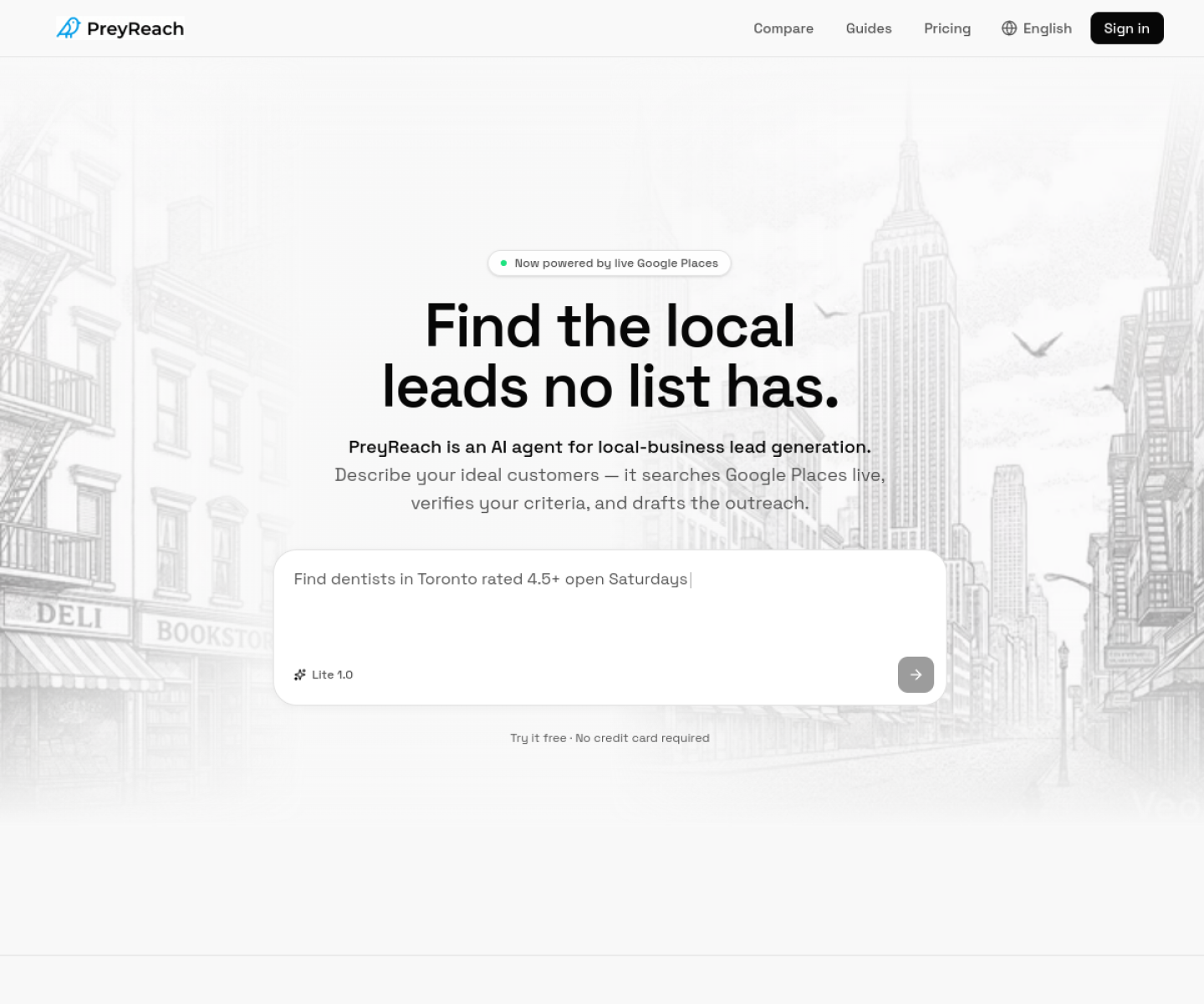 PreyReach homepage showing AI-led local-business lead generation from live Google Places data.