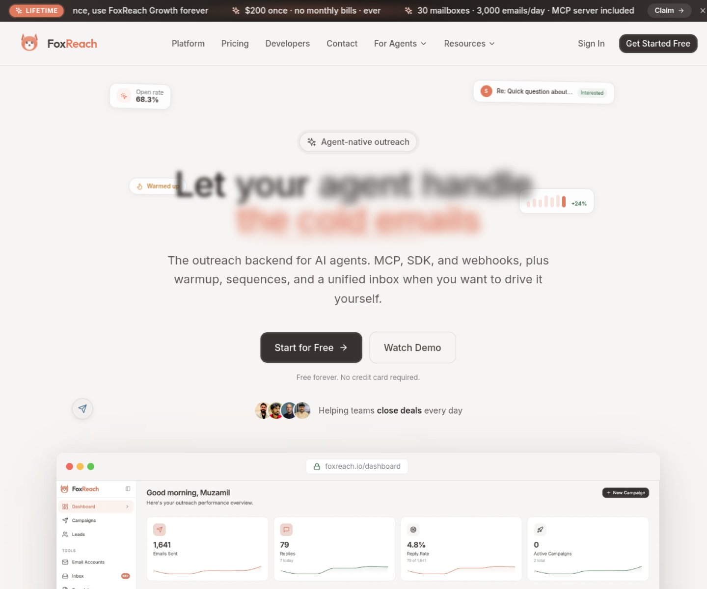 FoxReach homepage showing its cold-email backend for AI agents, MCP support, and outbound workflow.