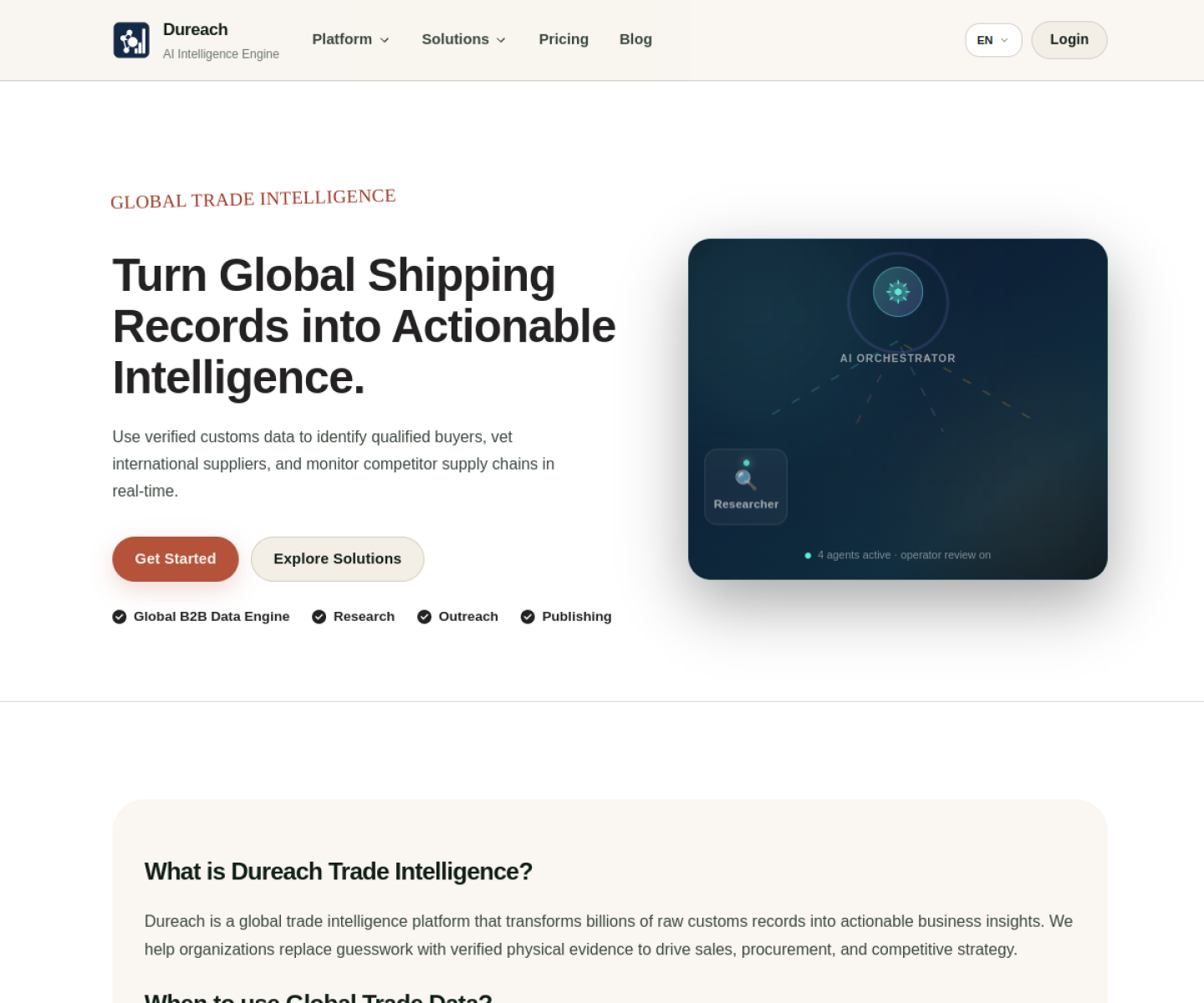 Dureach homepage showing its AI-native revenue engine and visible agent workflow model.