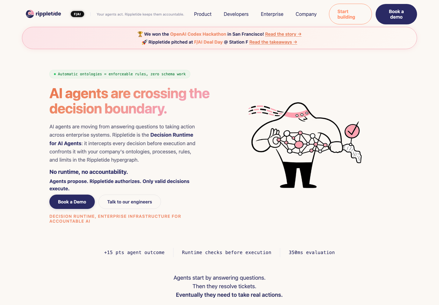 Rippletide homepage showing its decision runtime for enterprise AI agents.