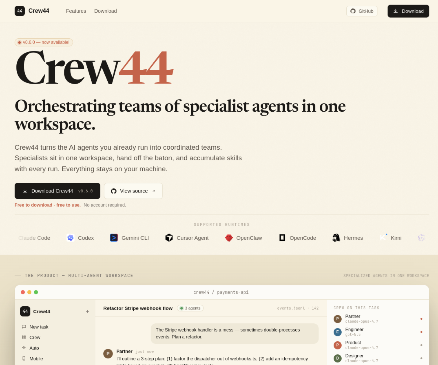 Crew44 homepage showing its multi-agent workspace, specialist roles, and local-first coding workflow.