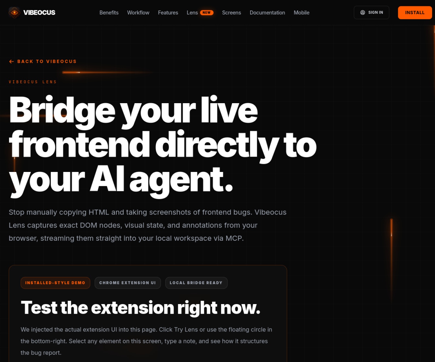 Vibeocus Lens product page showing its browser capture workflow for DOM, visual state, and agent handoff.