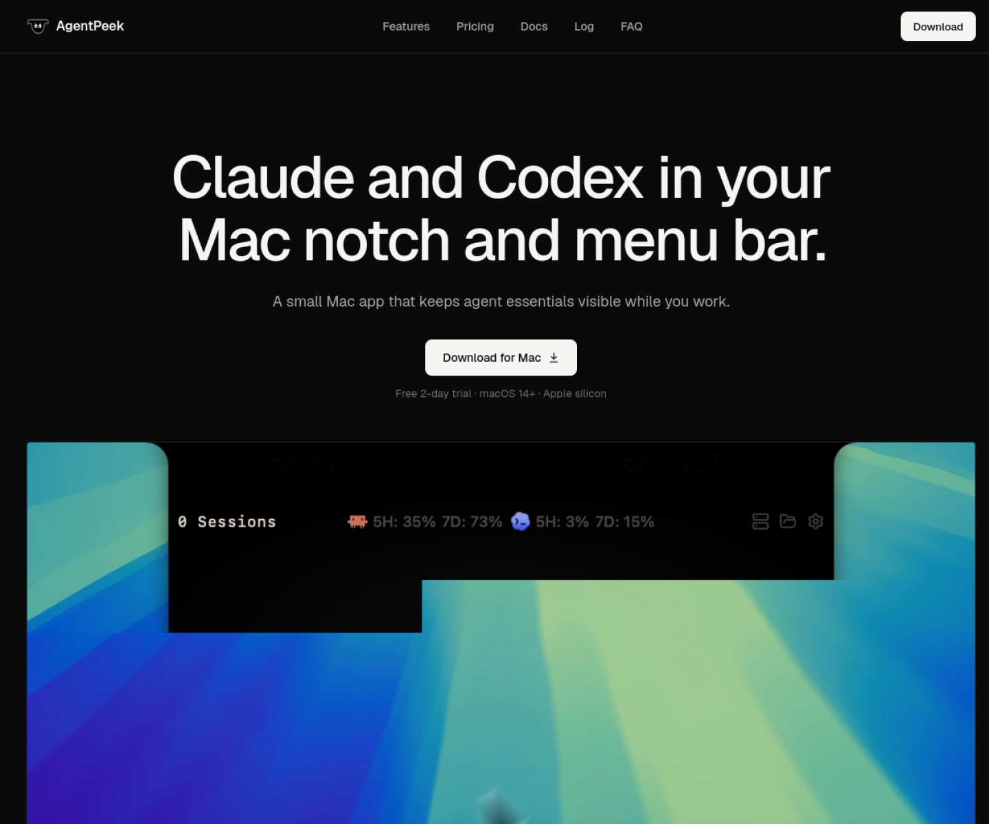 AgentPeek website showing Codex and Claude Code session monitoring in the Mac notch and menu bar.