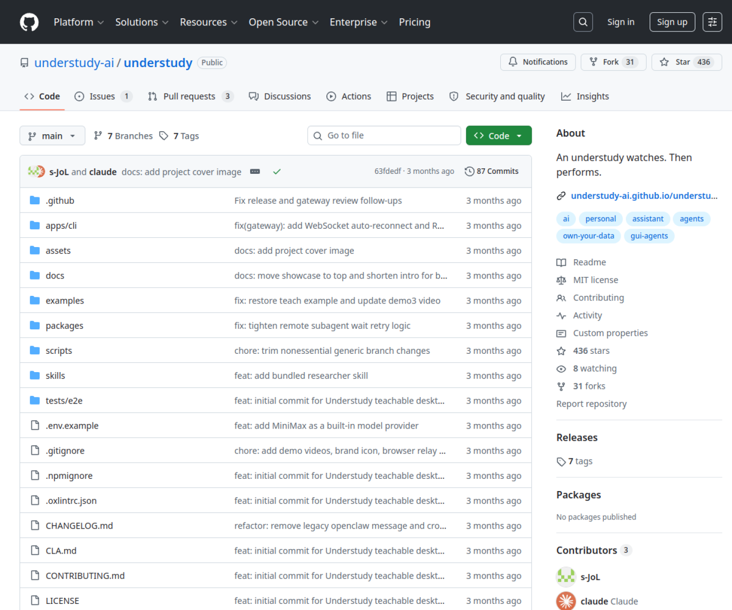 Understudy GitHub page showing its local desktop agent, teach-by-demonstration workflow, and supported channels.