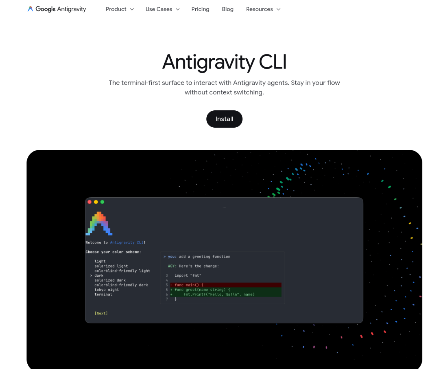 Google Antigravity CLI product page showing terminal-first agent workflows and subagent features.