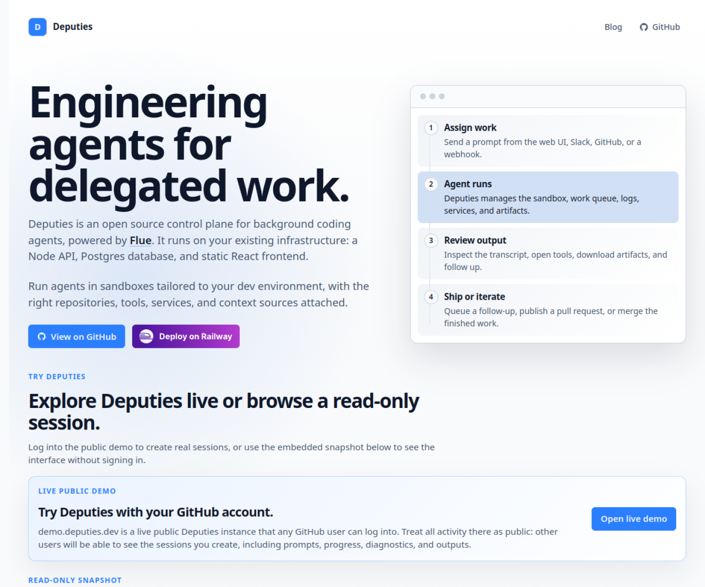 Deputies homepage showing its background coding-agent control plane and delegated work workflow.