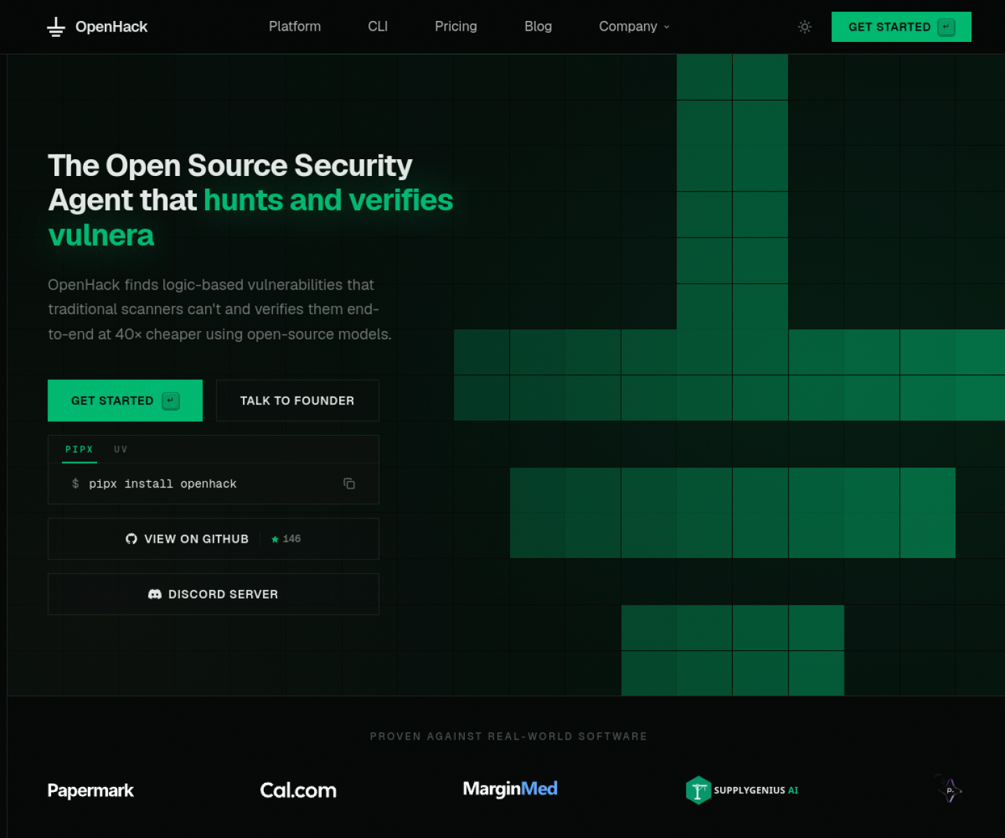OpenHack homepage showing its open-source agentic security scanning project.