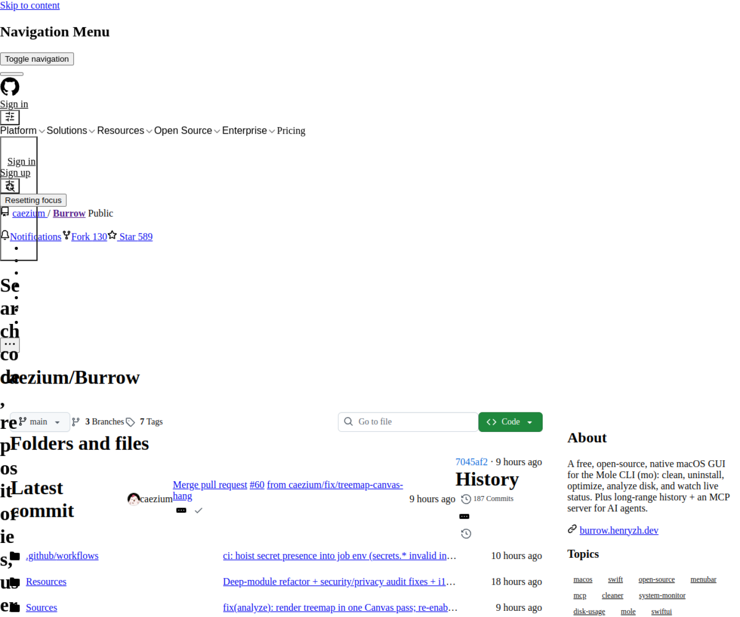 Burrow GitHub page showing its native macOS GUI and MCP server integration for Mole CLI workflows.