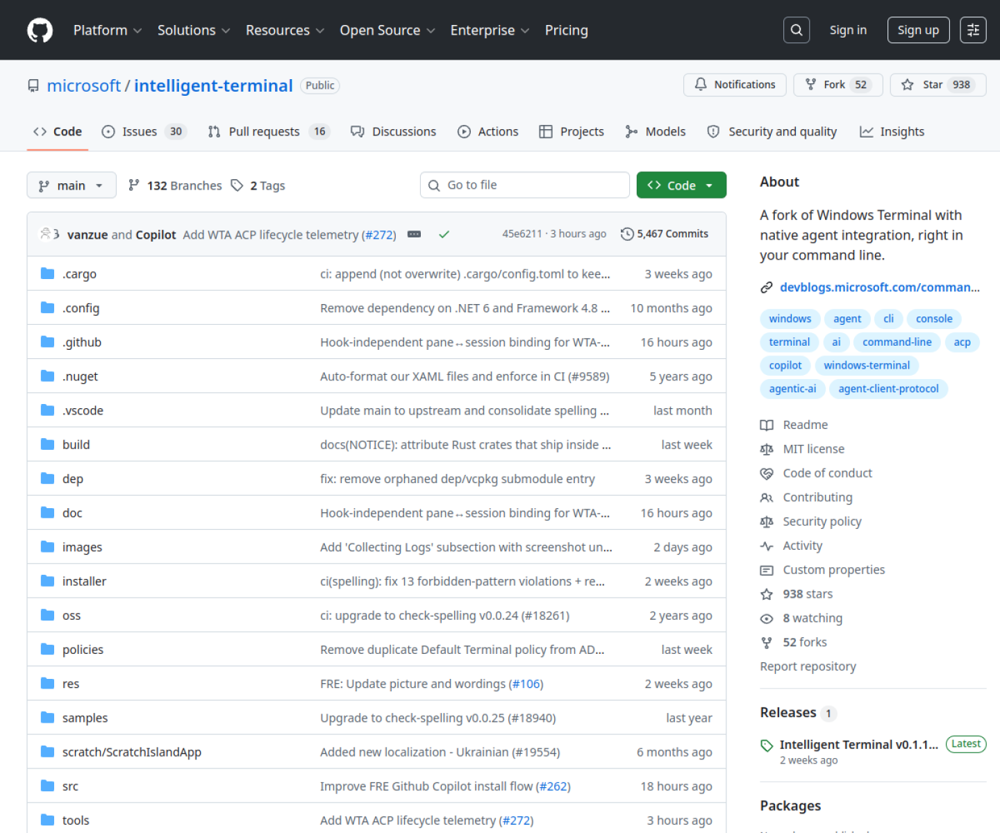 Intelligent Terminal GitHub page showing Microsoft's agent-enabled terminal project.