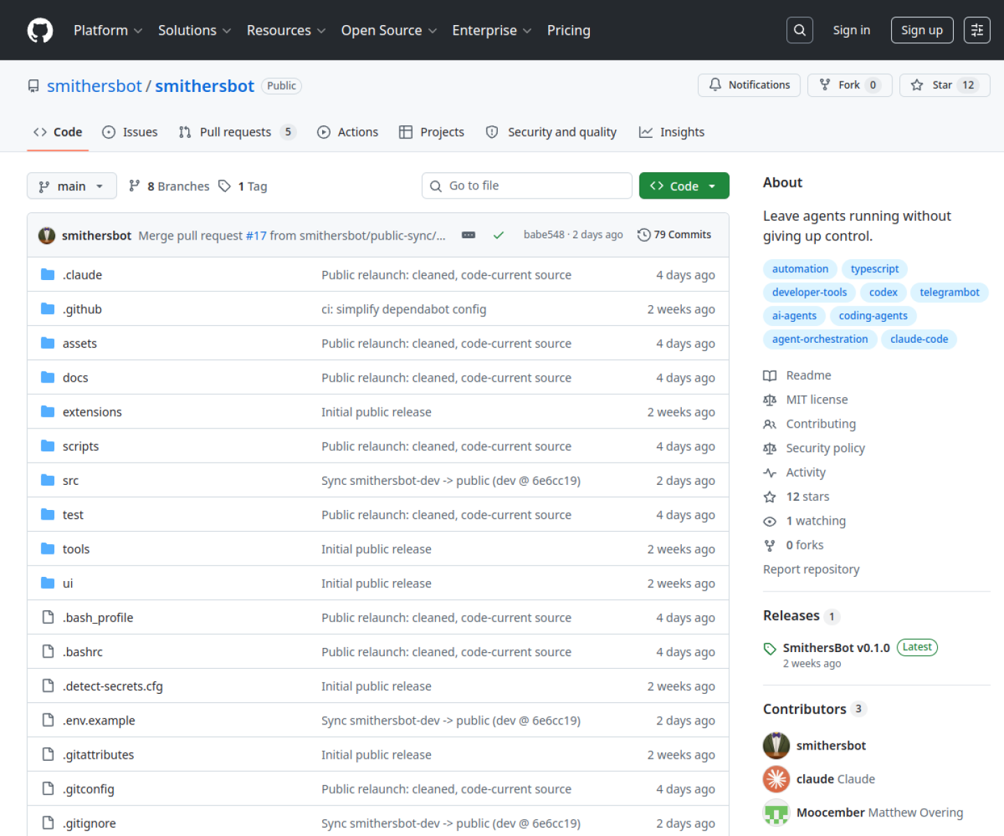 SmithersBot GitHub repository showing the autonomous open-source agent project and its longer-running goal workflow.