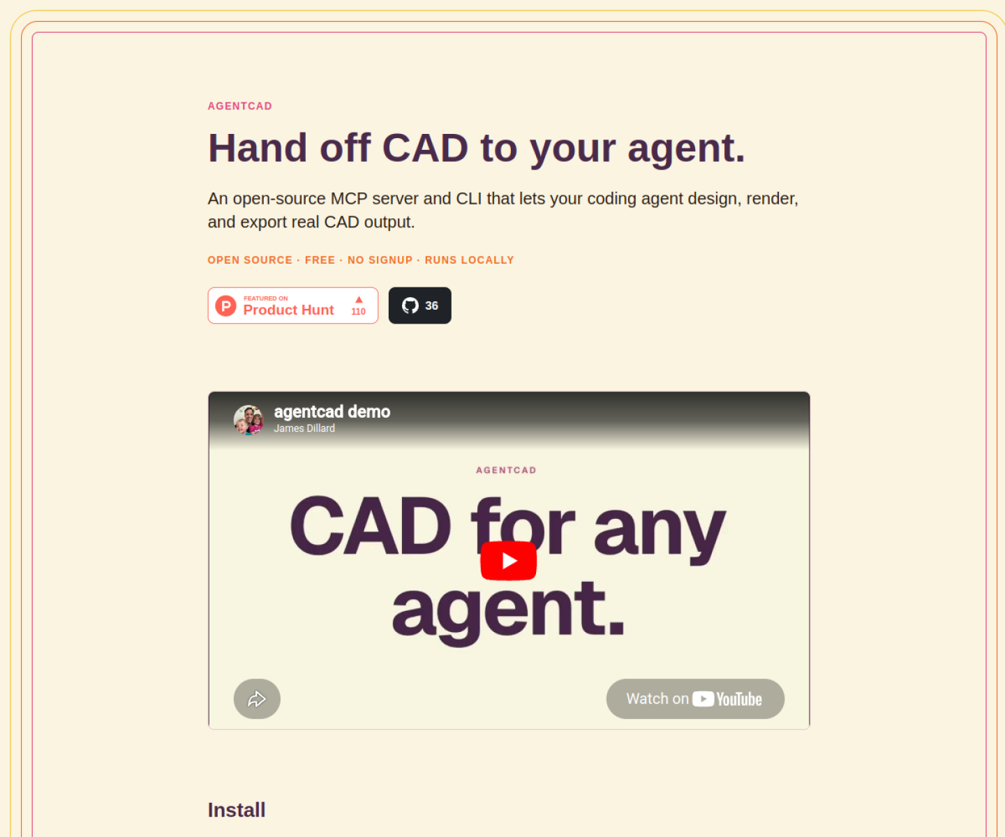 agentcad homepage showing the open-source CAD tool for AI agents, installation, and example generated models.
