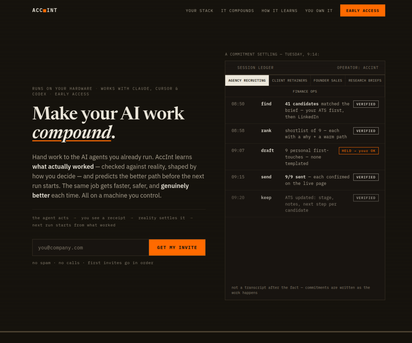 AccInt homepage showing its local work model for agent-run development and on-premise learning substrate.