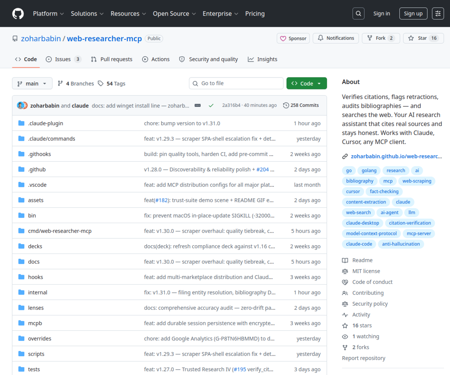 Web Researcher MCP GitHub repository showing the citation-verifying research server for AI assistants.