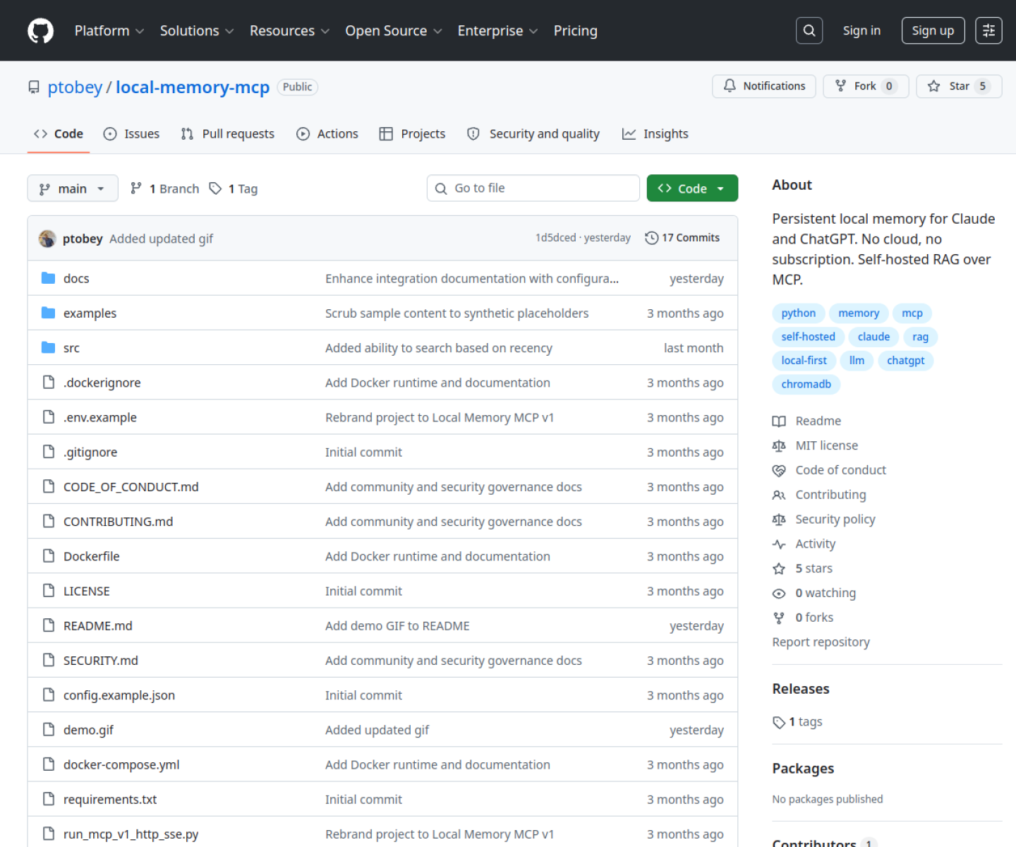 Local Memory MCP GitHub repository showing the local persistent memory layer for AI assistants.