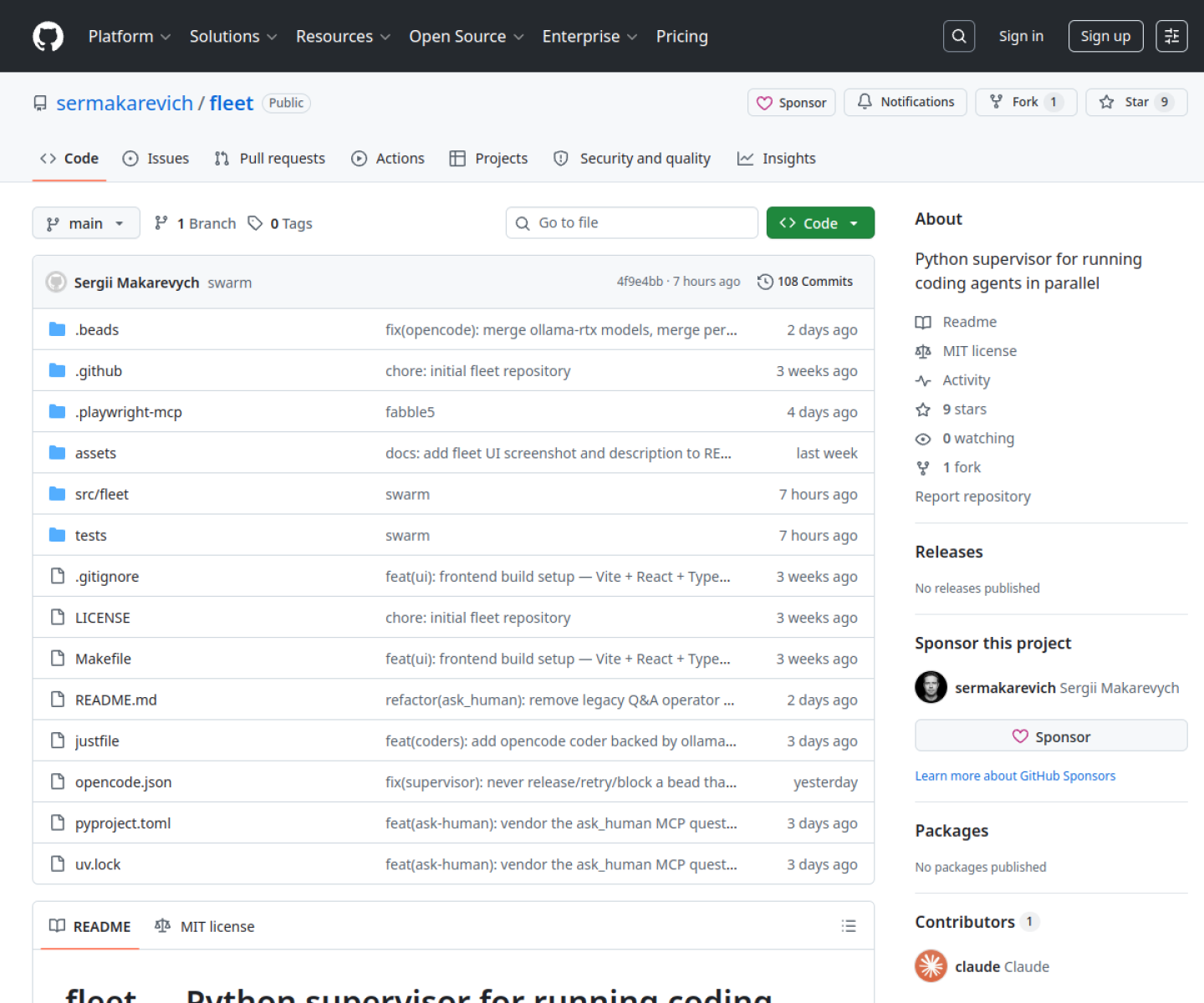 fleet GitHub repository showing the Python supervisor for running multiple coding agents in parallel.