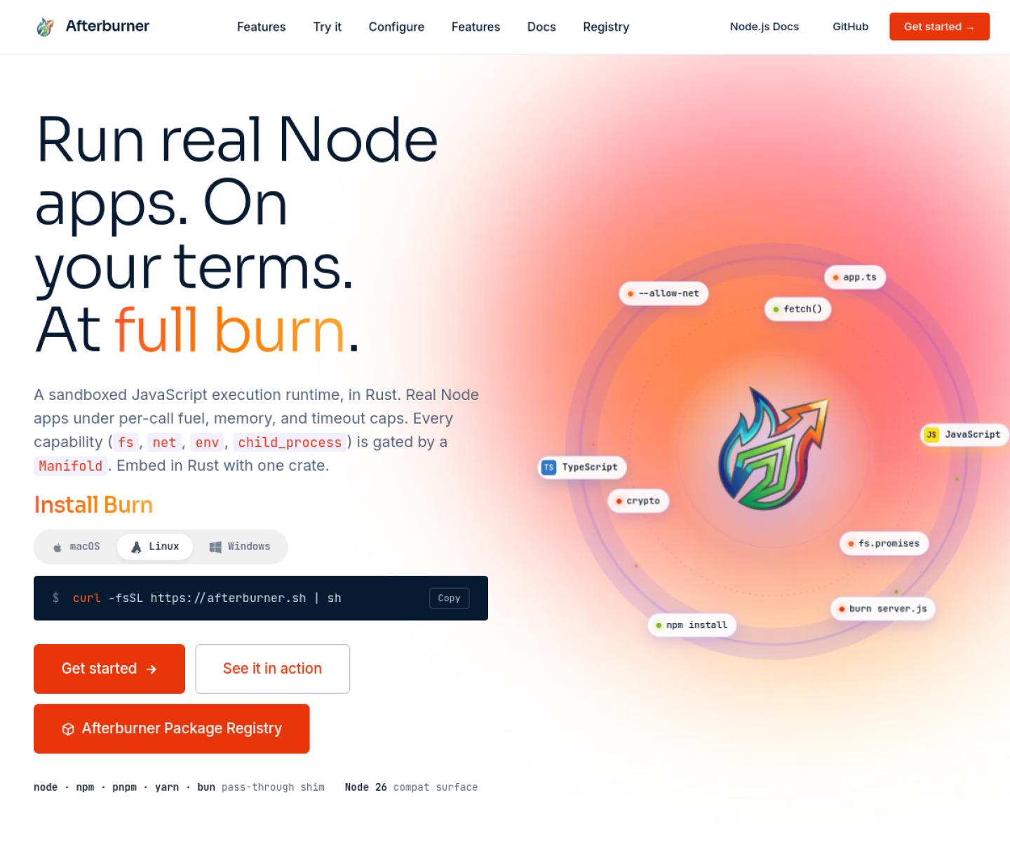 Afterburner homepage showing the capability-sandboxed JavaScript and TypeScript runtime for running scripts with limited access.