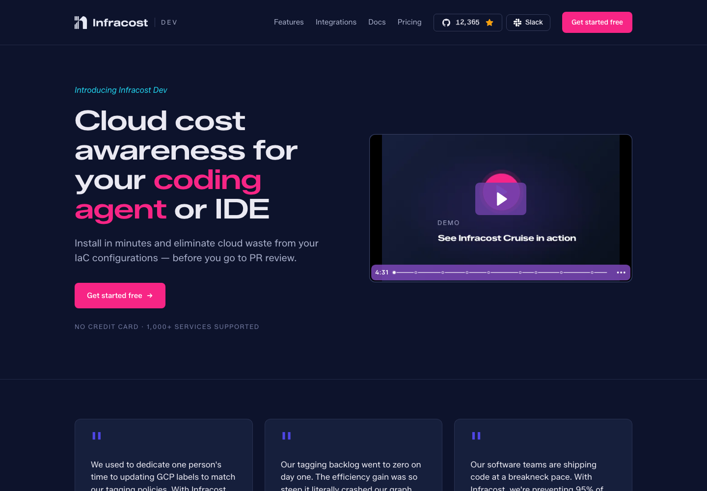 Infracost Dev homepage showing cloud cost guidance for coding agents and infrastructure-as-code workflows.