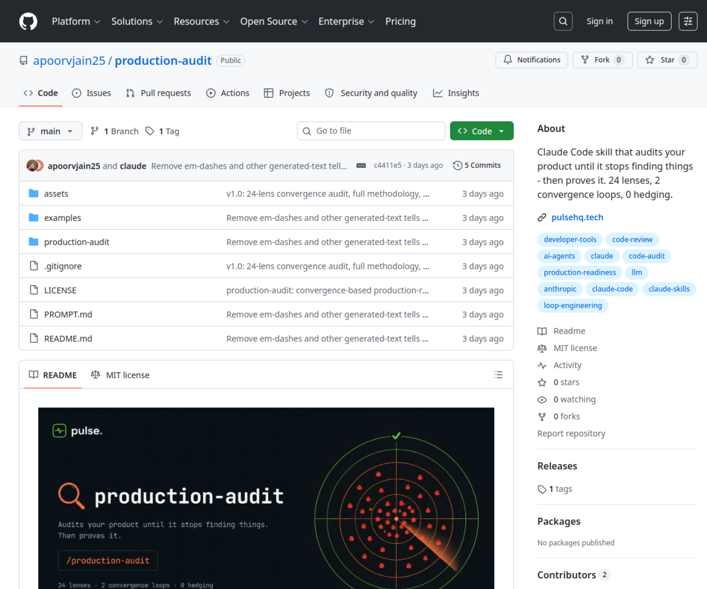 production-audit GitHub repository page showing the audit skill for repeated code and product review passes.