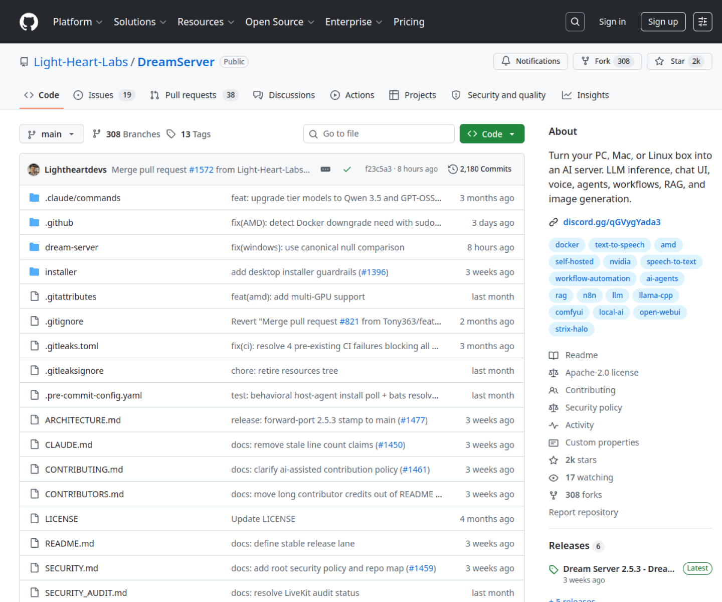 Dream Server GitHub repository page showing the self-hosted AI server stack with local models, dashboard, and control services.
