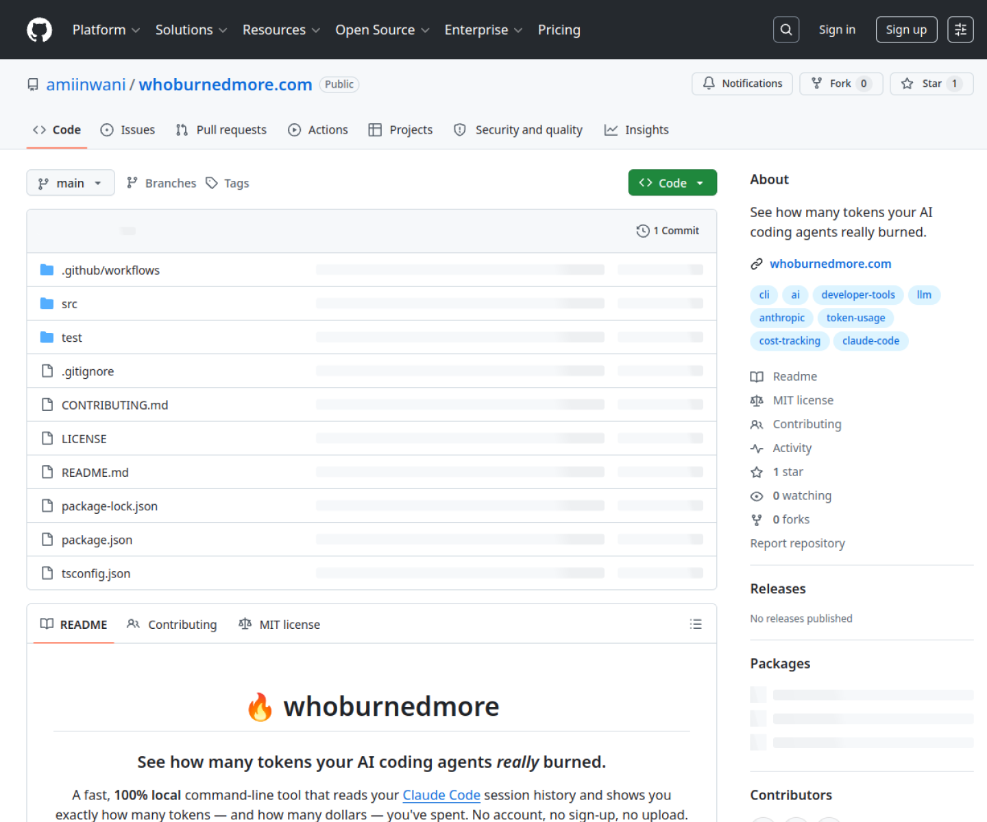 whoburnedmore GitHub repository page showing the local CLI for analyzing AI coding token usage and cost.