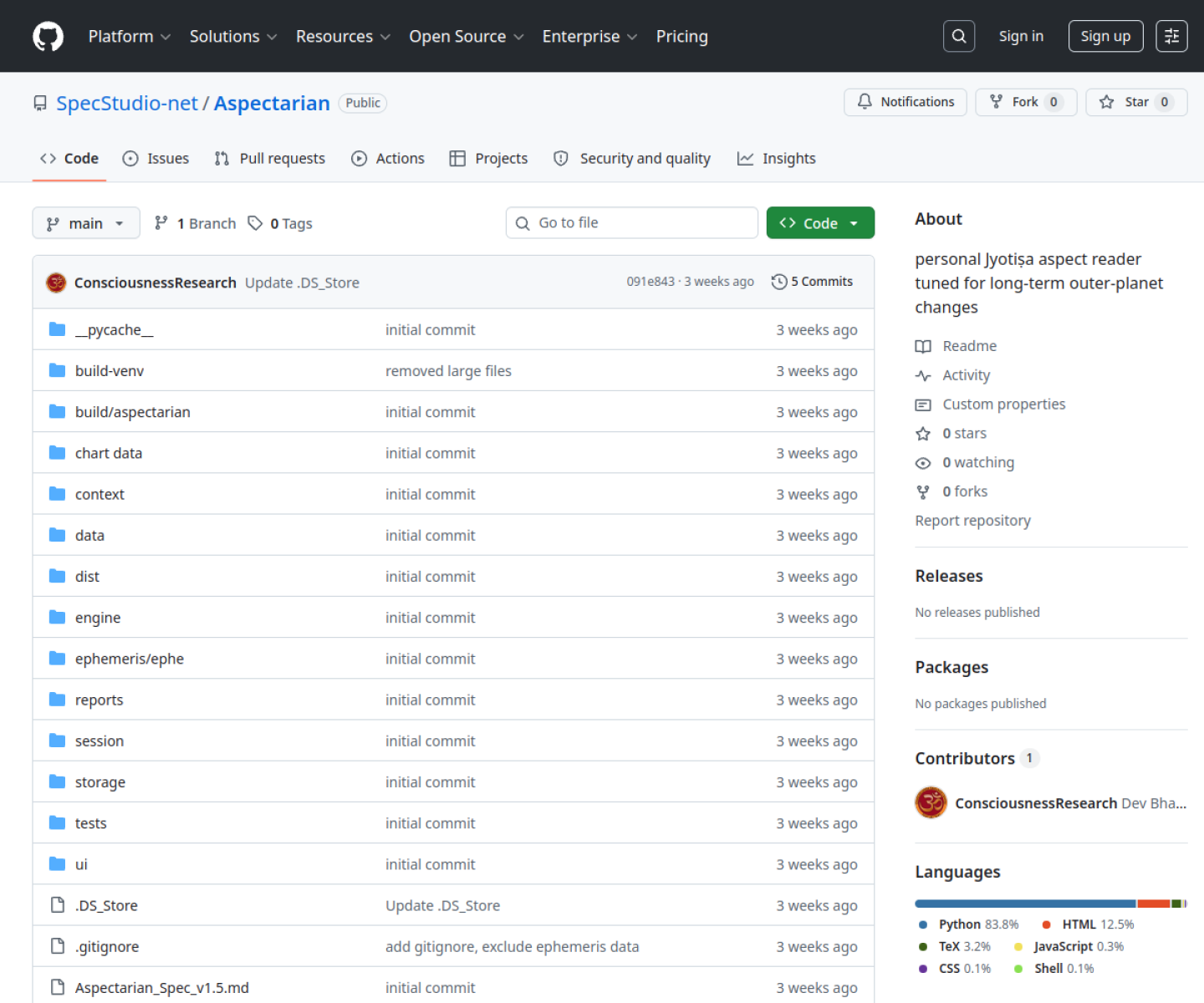 Aspectarian GitHub repository page showing the macOS transit-reading app that combines local astrology computation with Claude.