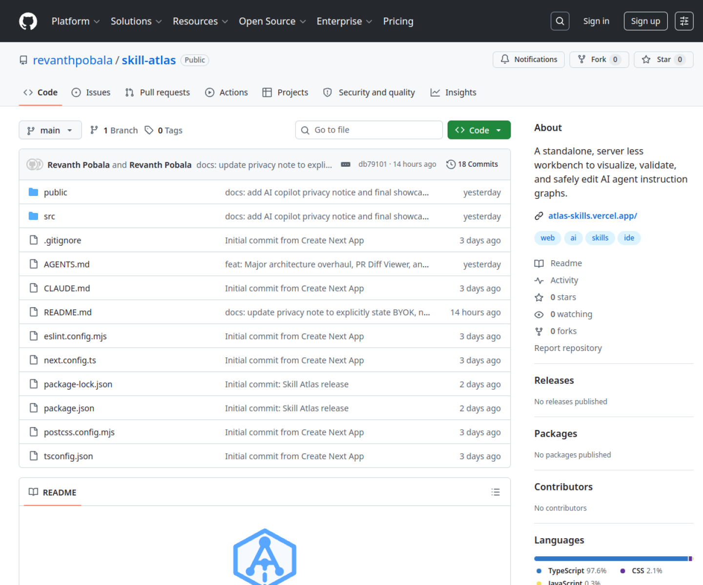 Skill Atlas GitHub repository page showing the visual workbench for managing agent skill dependencies and diagnostics.