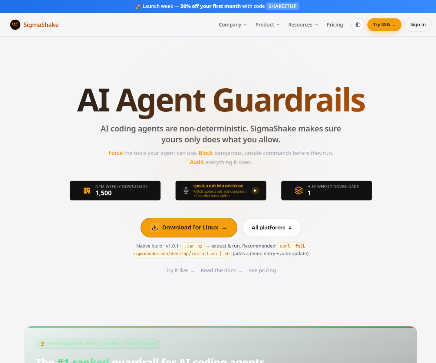 SigmaShake homepage showing deterministic guardrails and policy enforcement for AI agent tool calls.