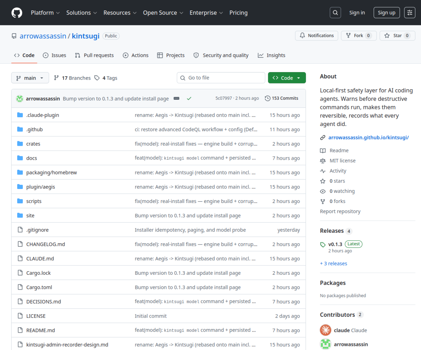 Kintsugi GitHub repository page showing the local safety net for AI agent shell commands and audit logging.