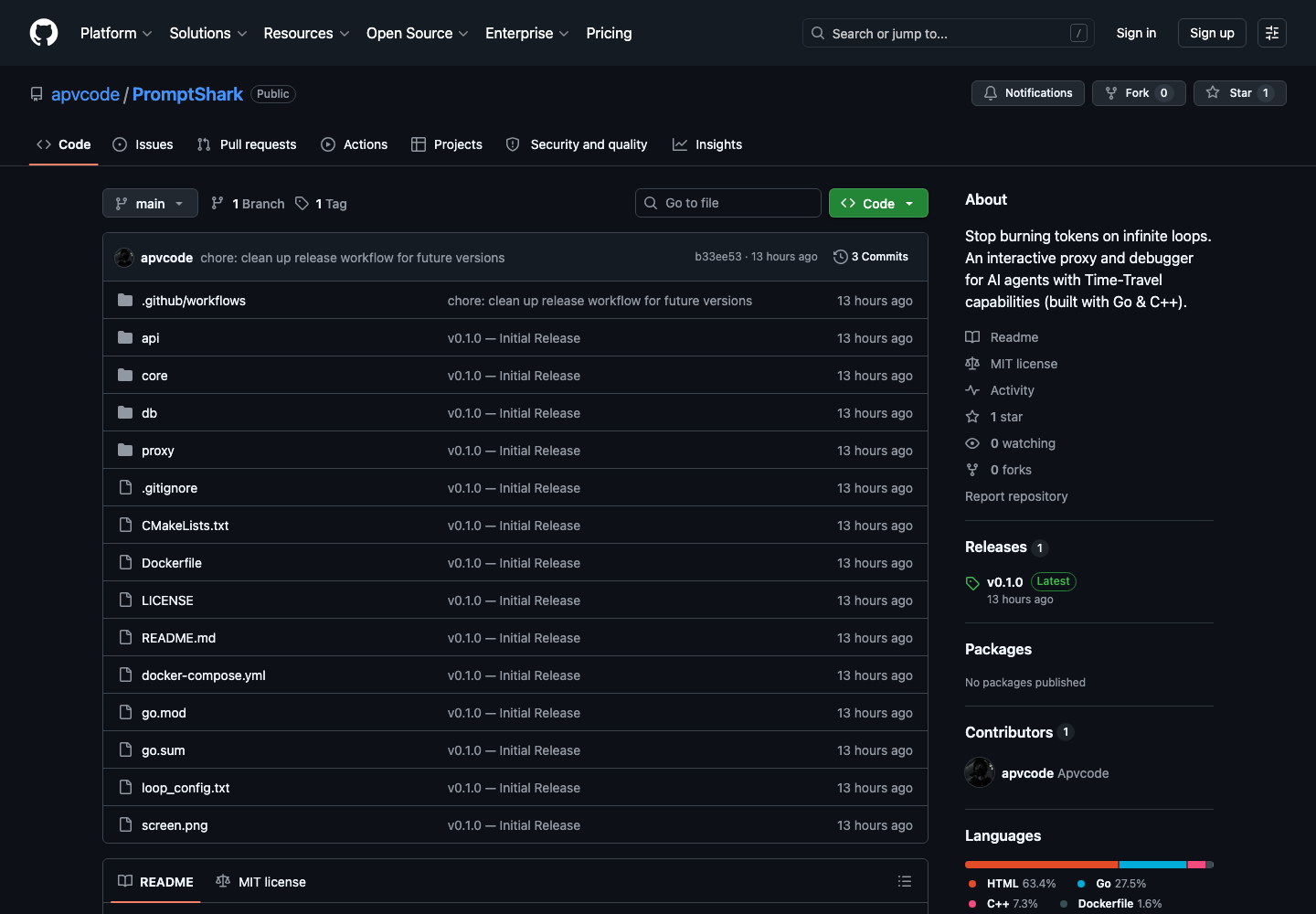 PromptShark GitHub page showing its proxy debugger, loop detection, and replay features for AI agents.