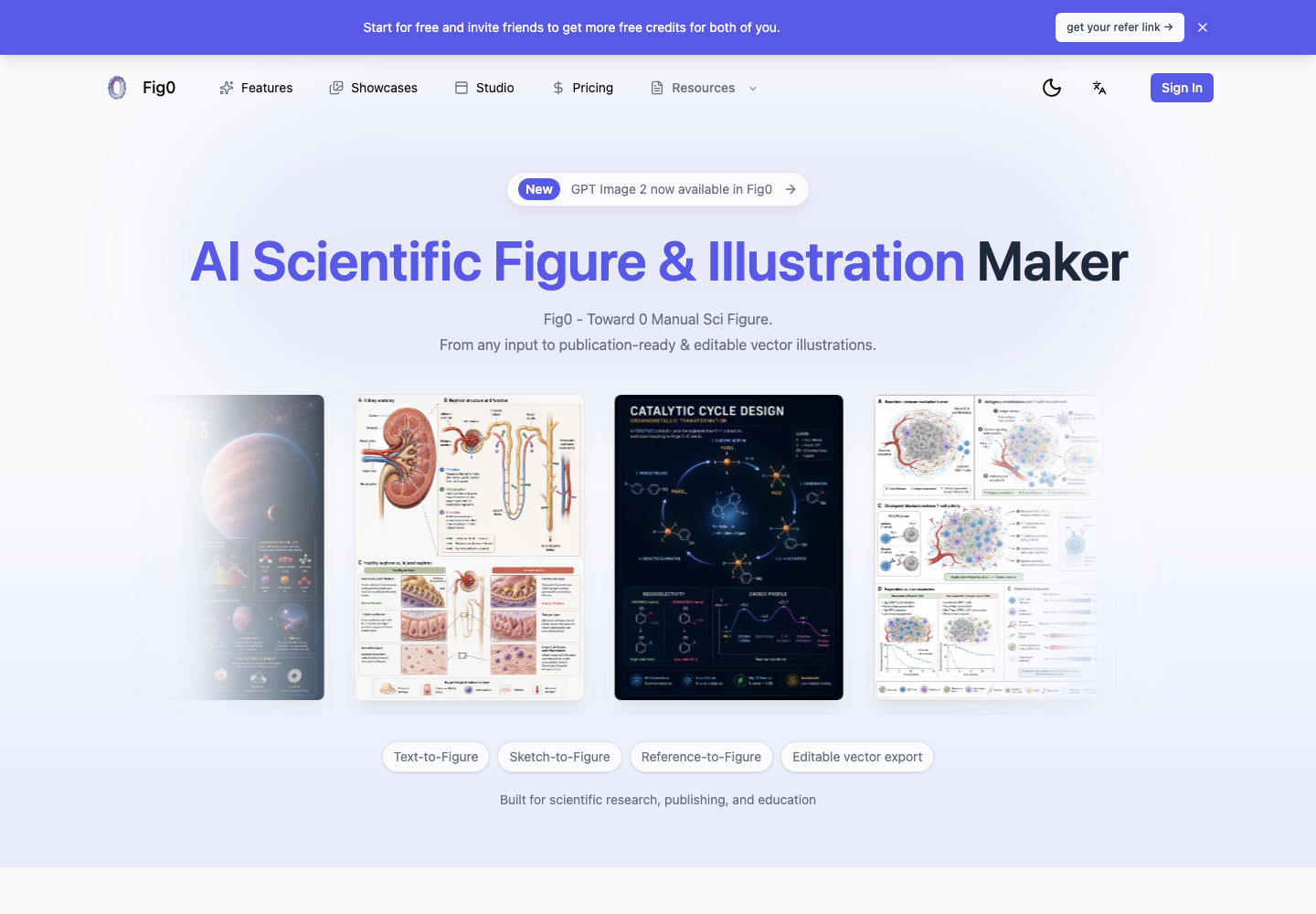 Fig0 homepage showing the AI scientific figure maker for research illustrations and diagrams.